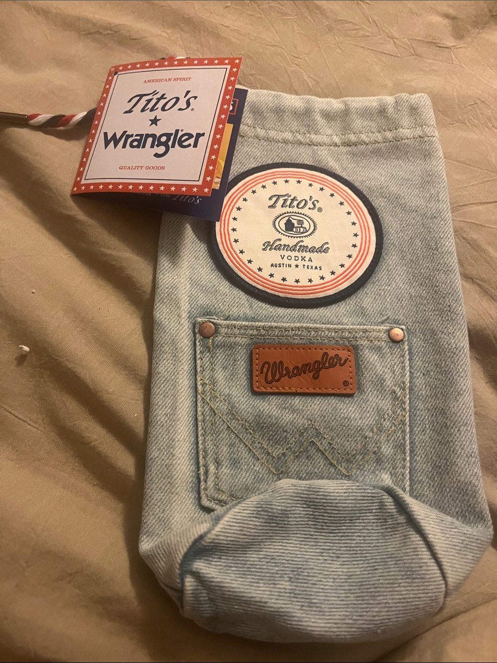 Wrangler Light Blue Denim Bottle Sleeve with Tito's Tags